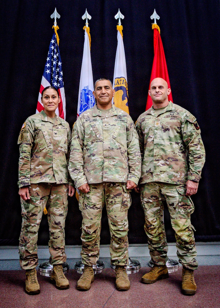 From left, Col. Kirsten Roy, commander of the Expeditionary Military Intelligence Brigade and Information Forces Modernization lead for the National Guard Bureau; Brig. Gen. Isaac Martinez, assistant director of the Army National Guard for aviation, intelligence and information; and Maj. Shaun Neil, information warfare branch chief for the National Guard Bureau, participate in a roundtable discussion focused on the future of training for the National Guard psychological operations officer community in Arlington, Va., Aug. 21.