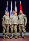 From left, Col. Kirsten Roy, commander of the Expeditionary Military Intelligence Brigade and Information Forces Modernization lead for the National Guard Bureau; Brig. Gen. Isaac Martinez, assistant director of the Army National Guard for aviation, intelligence and information; and Maj. Shaun Neil, information warfare branch chief for the National Guard Bureau, participate in a roundtable discussion focused on the future of training for the National Guard psychological operations officer community in Arlington, Va., Aug. 21.