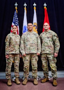 From left, Col. Kirsten Roy, commander of the Expeditionary Military Intelligence Brigade and Information Forces Modernization lead for the National Guard Bureau; Brig. Gen. Isaac Martinez, assistant director of the Army National Guard for aviation, intelligence and information; and Maj. Shaun Neil, information warfare branch chief for the National Guard Bureau, participate in a roundtable discussion focused on the future of training for the National Guard psychological operations officer community in Arlington, Va., Aug. 21.