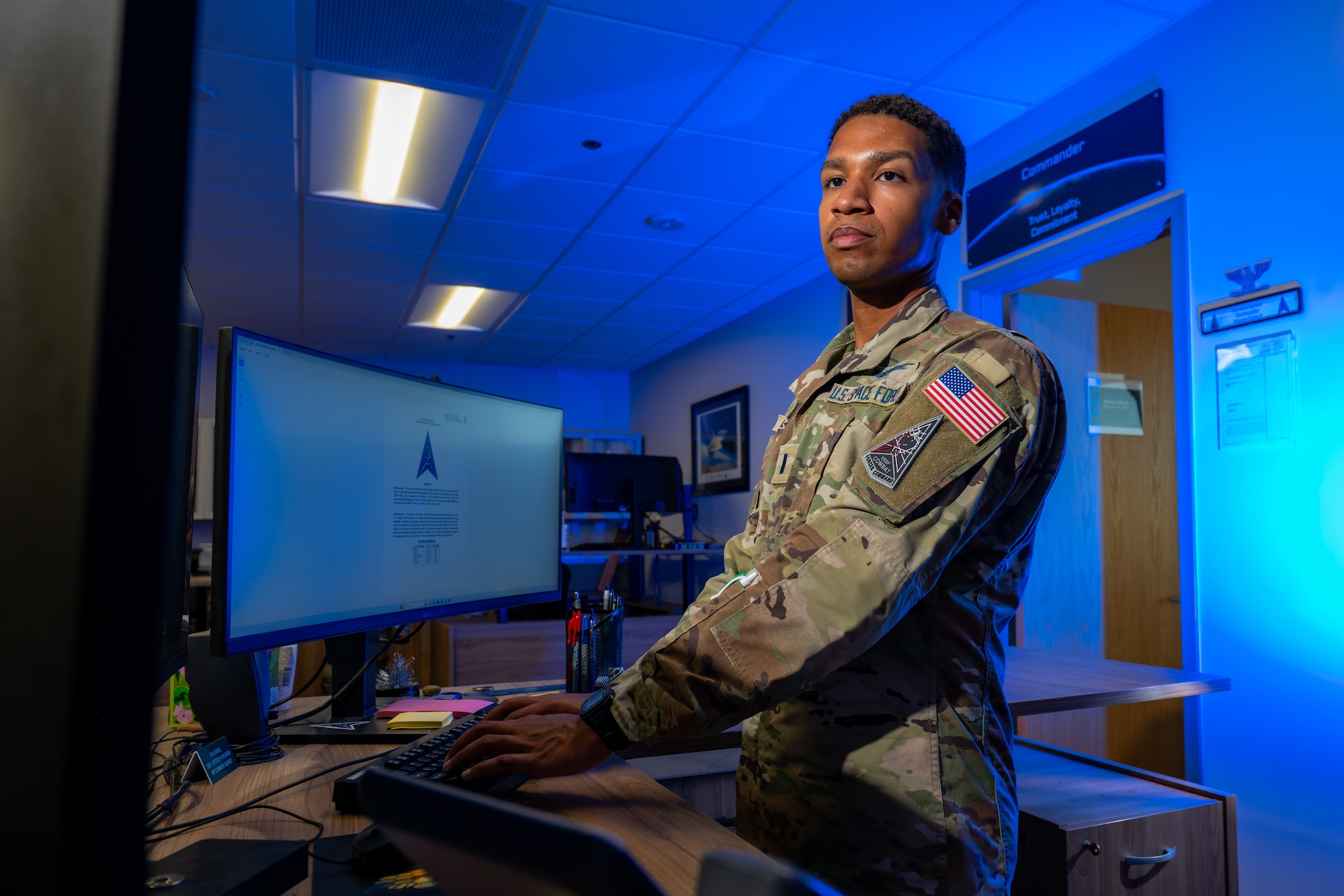 1st Lt. Christopher Lyons works as the Director of the Mission Delta 8 (MD 8) Commander’s Action Group where he handles executive tasks and high-level coordination for the Delta Commander. From commissioning out of AFROTC at the University of South Alabama Detachment 014 to being Crew Commander and serving in his current position at MD 8, Lyons will apply his diverse experiences to guide incoming officers. (U.S. Space Force photo by Dalton Prejeant)