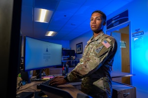 1st Lt. Christopher Lyons works as the Director of the Mission Delta 8 (MD 8) Commander’s Action Group where he handles executive tasks and high-level coordination for the Delta Commander. From commissioning out of AFROTC at the University of South Alabama Detachment 014 to being Crew Commander and serving in his current position at MD 8, Lyons will apply his diverse experiences to guide incoming officers. (U.S. Space Force photo by Dalton Prejeant)