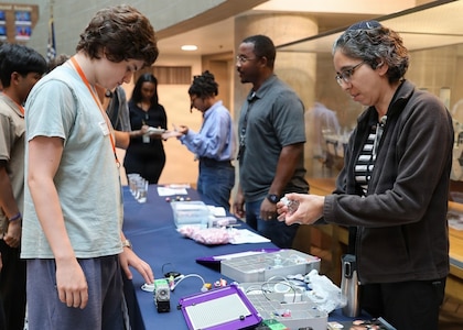 Naval Surface Warfare Center, Philadelphia Division (NSWCPD) employees provide hands-on learning opportunities and demonstrations for approximately 80 National Student Leadership Conference (NSLC) students during their visit to NSWCPD. (U.S. Navy photo by Phil Scaringi, CTR)