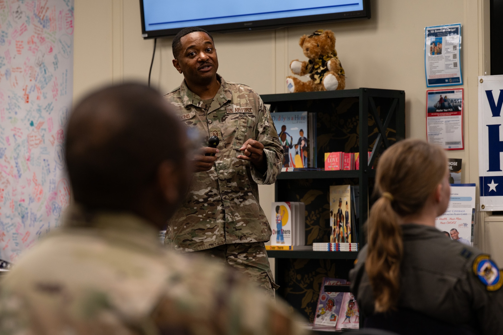 U.S. Air Force Master Sgt. James Watkins, 87th Air Base Wing superintendent of wing readiness, delivers a pre-deployment brief to Airmen at Joint Base McGuire-Dix-Lakehurst, N.J., Aug. 24, 2026. During the briefings, Airmen received different resources available to them and their families surrounding their deployment. (U.S. Air Force photo by Airman 1st Class Haeleigh Bayle)