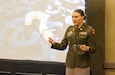 U.S. Army Lt. Col. Dayna Sanders speaks to local leaders at the 2026 Governor's Local Issues Conference in Louisville, Kentucky, Aug. 20. Sanders urged stakeholders to proactively identify network vulnerabilities and highlighted the unique cyber capabilities the Kentucky National Guard brings to strategic community partnerships. (U.S. Army National Guard photo by Chief Warrant Officer 2 Catherine Strobel)
