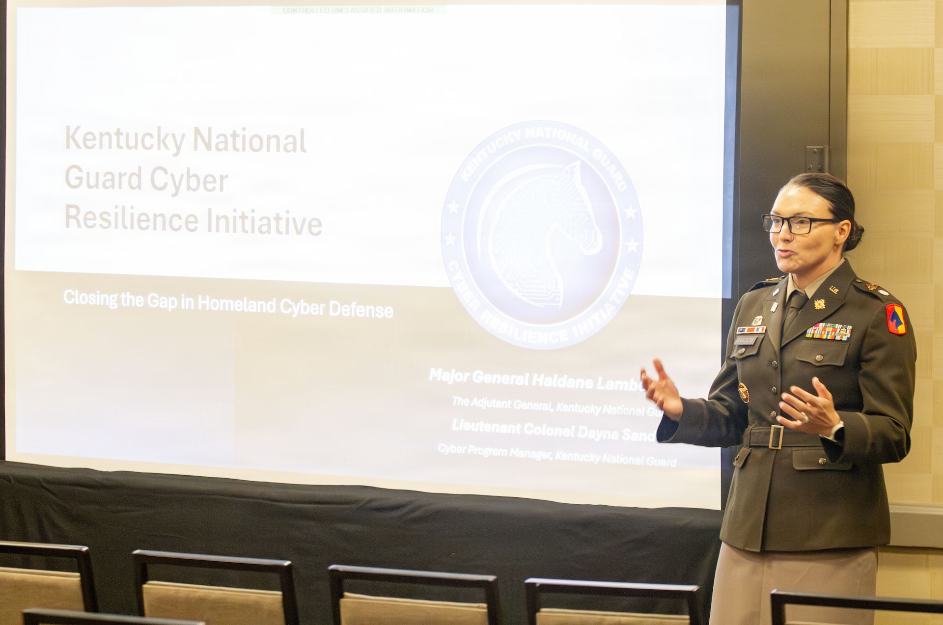 U.S. Army Lt. Col. Dayna Sanders speaks to local leaders at the 2026 Governor's Local Issues Conference in Louisville, Kentucky, Aug. 20.