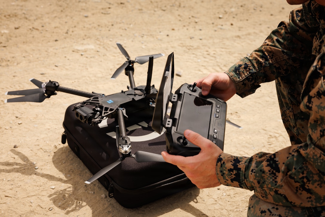 U.S. Marine Corps Sgt. Dillon Buck, an advanced combat videographer with Communication Strategy and Operations, Marine Corps Installations West, Marine Corps Base Camp Pendleton, prepares to launch a SKYDIO X2D Small Unmanned Aircraft System at Marine Corps Base Camp Pendleton, Calif., Aug. 13, 2026. Certified drone operators can contribute to COMMSTRAT operations on Camp Pendleton including public affairs events, training environments, battle damage assessments, investigations and emergency responses. 
(U.S. Marine Corps photo by Lance Cpl. Ana Kalajzic)