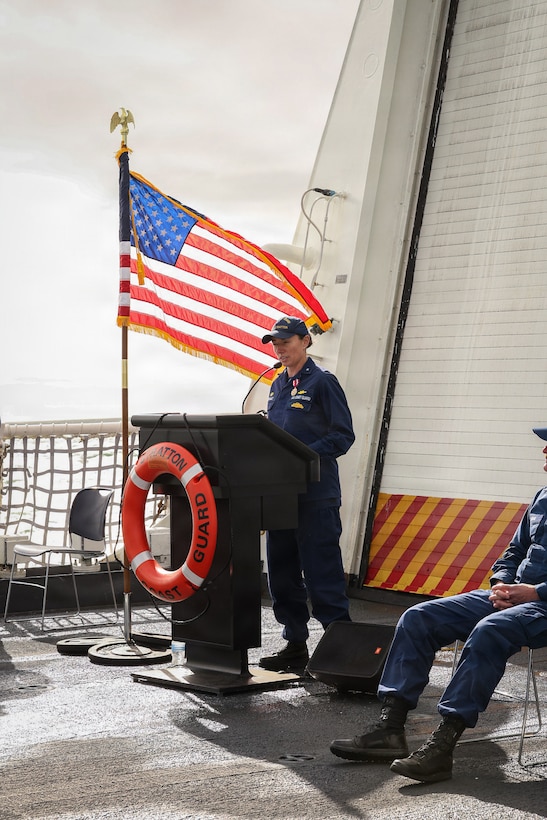 U.S. Coast Guard Rear Adm. Dorothy Hernaez delivers her departing remarks during a change of command ceremony for the U.S. Coast Guard Legend-class national security cutter Stratton (WMSL 752) while anchored off Kotzebue, Alaska, Aug. 24, 2026.