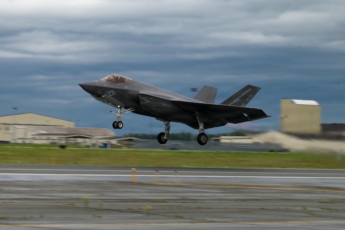 A U.S. Marine Corps F-35C Lightning II aircraft assigned to Marine Fighter Attack Squadron 251, Marine Corps Air Station Cherry Point, North Carolina, takes off from the flight line during RED FLAG-Alaska 26-3 at Joint Base Elmendorf-Richardson, Alaska, Aug. 26, 2026.