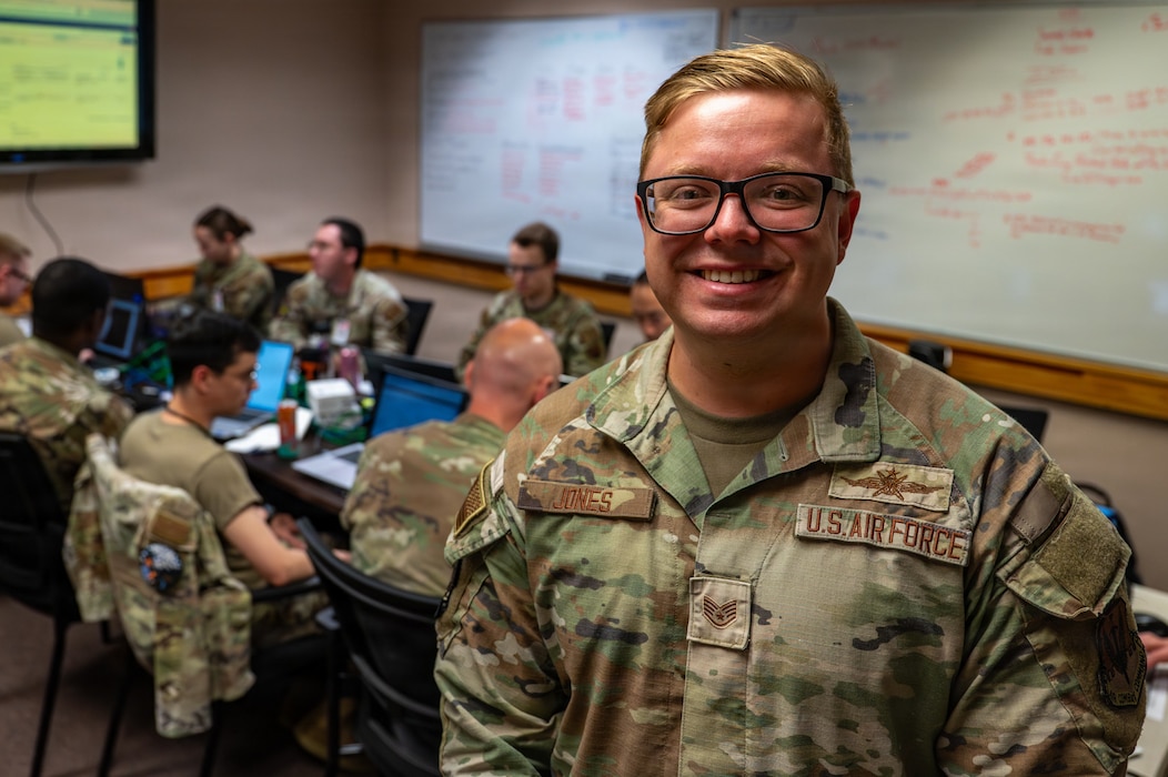 U.S. Air Force Staff Sgt. Aleksey Jones, 837th Cyberspace Operations Squadron technician, poses for a photo during RED FLAG-Alaska 26-3 at Eielson Air Force Base, Alaska, Aug. 20, 2026.