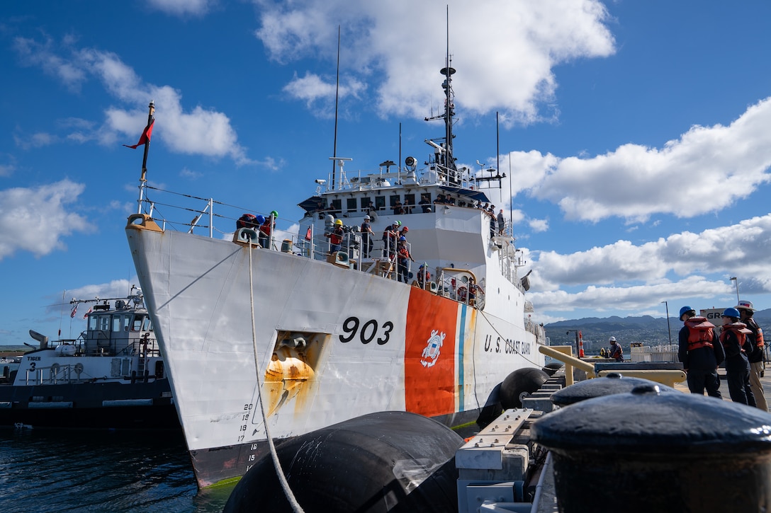 Coast Guard Cutter Harriet Lane (WMEC 903) moors at Joint Base Pearl Harbor-Hickam, Honolulu, Hawaii, Aug. 12, 2026. The cutter was deployed in support of Operation Blue Pacific and conducted maritime law enforcement operations with law enforcement entities in Fiji, Papua New Guinea, Australia, and Solomon Islands. (U.S. Coast Guard photo by Petty Officer 3rd Class Avery Tibbets)