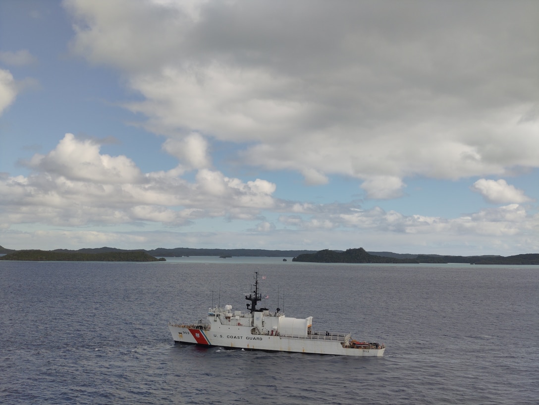 Coast Guard Cutter Harriet Lane (WMEC 903) transits waters near Fiji, June 23, 2026. The Harriet Lane was deployed on an Operation Blue Pacific patrol to enforce bilateral law enforcement operations across the Pacific. (U.S. Coast Guard photo, courtesy CGC Harriet Lane)