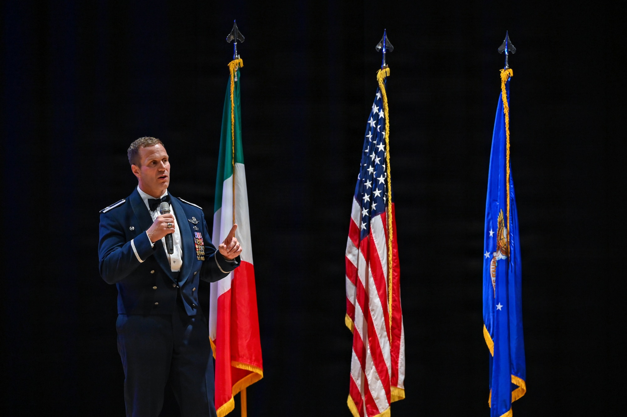 U.S. Air Force Col. Michael Kingry, 31st Fighter Wing deputy commander, addresses newly inducted senior noncommissioned officers during their Senior Noncommissioned Officer Induction ceremony near Aviano Air Base, Italy, Aug. 21, 2026.