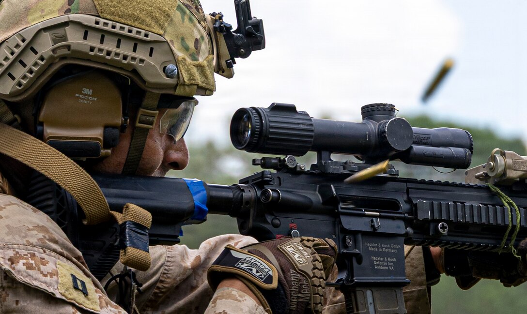 A U.S. Marine assigned to Maritime Raid Force, 26th Marine Expeditionary Unit, conducts a live-fire range during a Multi-Domain Reconnaissance Course, Camp Lejeune, North Carolina, August 10, 2026. MDRC trains Marines assigned to the Multi Domain Task Unit and Maritime Raid Force with land, sea, air, cyber, and electronic warfare capabilities, enabling the accomplishment of the 26 MEU’s mission essential tasks in preparation for its upcoming deployment. (U.S. Marine Corps photo by Cpl. Matthew Williams)