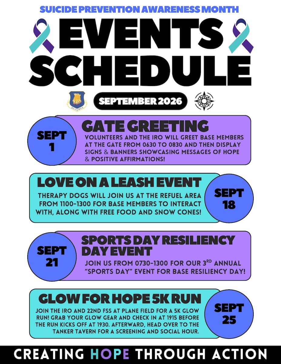 This graphic details the events happening throughout Suicide Prevention Awareness Month at McConnell Air Force Base, Kansas. The month of September is dedicated to starting the conversation about suicide prevention, and educating about options. (U.S. Air Force Courtesy Asset)