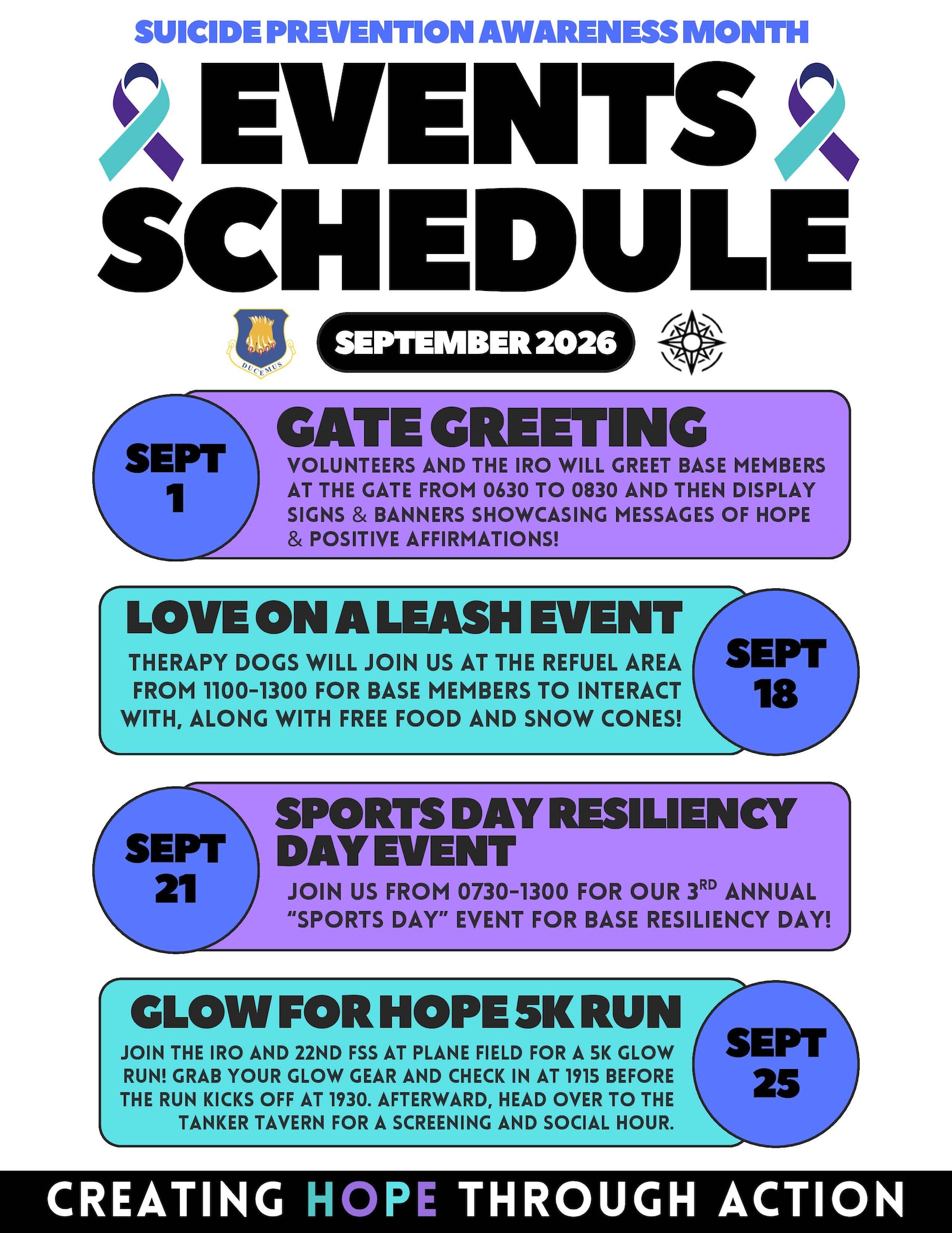 This graphic details the events happening throughout Suicide Prevention Awareness Month at McConnell Air Force Base, Kansas. The month of September is dedicated to starting the conversation about suicide prevention, and educating about options. (U.S. Air Force Courtesy Asset)
