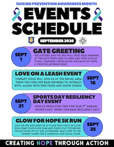 This graphic details the events happening throughout Suicide Prevention Awareness Month at McConnell Air Force Base, Kansas. The month of September is dedicated to starting the conversation about suicide prevention, and educating about options. (U.S. Air Force Courtesy Asset)