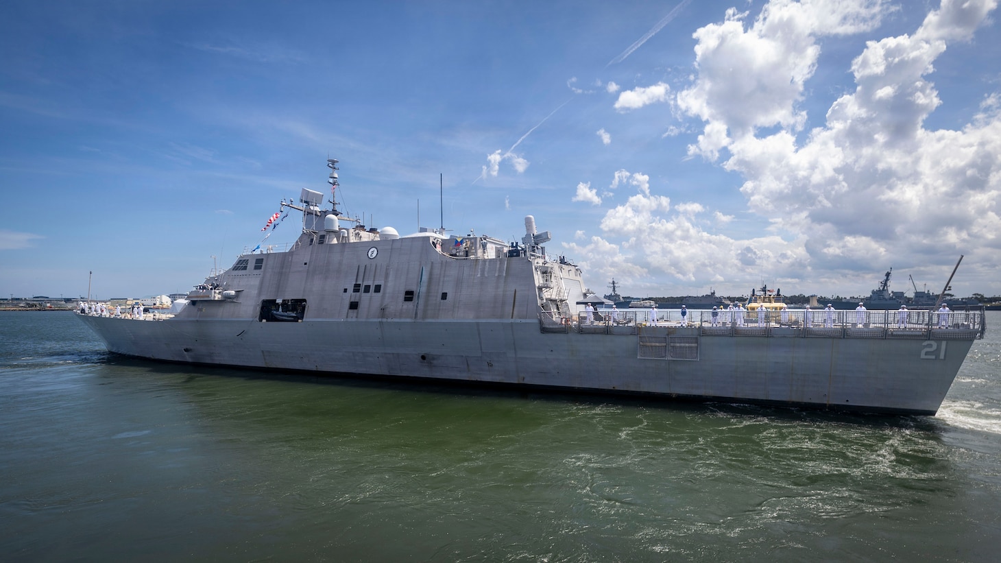 260827-N-VW723-0013 NAVAL STATION MAYPORT, Fla. (Aug. 27, 2026) - The Freedom-class littoral combat ship USS Minneapolis-Saint Paul (LCS 21) departs Naval Station Mayport to begin operations in support of its scheduled deployment, Aug. 27, 2026. Littoral combat ships are fast, agile, mission-focused platforms designed to operate in near-shore environments and defeat 21st-century coastal threats, supporting the U.S. Navy's goals of forward presence, maritime security, sea control, and deterrence. (U.S. Navy photo by Mass Communication Specialist 1st Class Keenan Daniels)