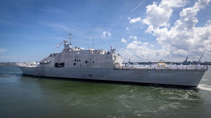 260827-N-VW723-0013 NAVAL STATION MAYPORT, Fla. (Aug. 27, 2026) - The Freedom-class littoral combat ship USS Minneapolis-Saint Paul (LCS 21) departs Naval Station Mayport to begin operations in support of its scheduled deployment, Aug. 27, 2026. Littoral combat ships are fast, agile, mission-focused platforms designed to operate in near-shore environments and defeat 21st-century coastal threats, supporting the U.S. Navy's goals of forward presence, maritime security, sea control, and deterrence. (U.S. Navy photo by Mass Communication Specialist 1st Class Keenan Daniels)