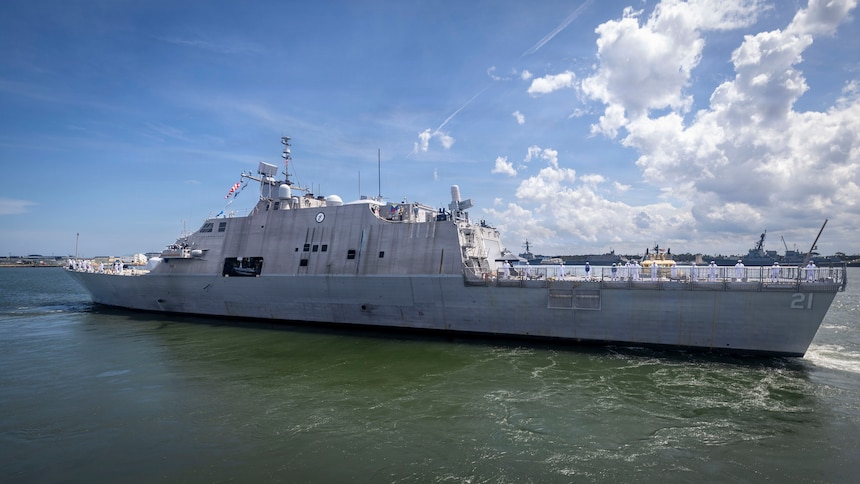 260827-N-VW723-0013 NAVAL STATION MAYPORT, Fla. (Aug. 27, 2026) - The Freedom-class littoral combat ship USS Minneapolis-Saint Paul (LCS 21) departs Naval Station Mayport to begin operations in support of its scheduled deployment, Aug. 27, 2026. Littoral combat ships are fast, agile, mission-focused platforms designed to operate in near-shore environments and defeat 21st-century coastal threats, supporting the U.S. Navy's goals of forward presence, maritime security, sea control, and deterrence. (U.S. Navy photo by Mass Communication Specialist 1st Class Keenan Daniels)
