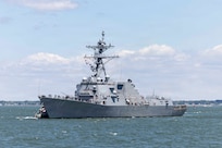 260515-N-EE423-1013 - NORFOLK (May 15, 2026) The newest Arleigh Burke-class guided-missile destroyer, the future USS Ted Stevens (DDG 128) arrives in its future homeport of Naval Station Norfolk, May 15, 2026. The U.S. Navy will commission the future USS Ted Stevens (DDG 128) on a date to be announced at a later time in Whittier, Alaska. (U.S. Navy photo by Mass Communication Specialist 1st Class Sophie A. Pinkham)