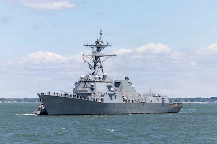 260515-N-EE423-1013 - NORFOLK (May 15, 2026) The newest Arleigh Burke-class guided-missile destroyer, the future USS Ted Stevens (DDG 128) arrives in its future homeport of Naval Station Norfolk, May 15, 2026. The U.S. Navy will commission the future USS Ted Stevens (DDG 128) on a date to be announced at a later time in Whittier, Alaska. (U.S. Navy photo by Mass Communication Specialist 1st Class Sophie A. Pinkham)