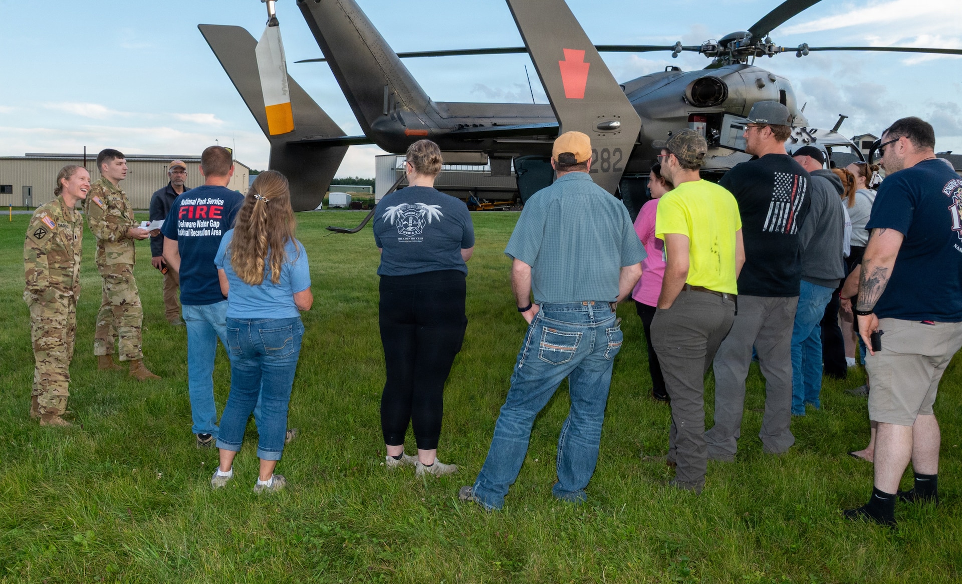 ST. MARYS, Pa. – The Pennsylvania Army National Guard provides a unique training experience for about 80 firefighters and rescue personnel from several regional fire companies in the communities surrounding the St. Marys Municipal Airport and its most common helicopter flight routes for aircraft operating out of the PAARNG’s Army Aviation Support Facility No. 2 in nearby Johnstown during a helicopter orientation training event for emergency responders Aug. 26. (Pennsylvania National Guard photo by Wayne V. Hall)