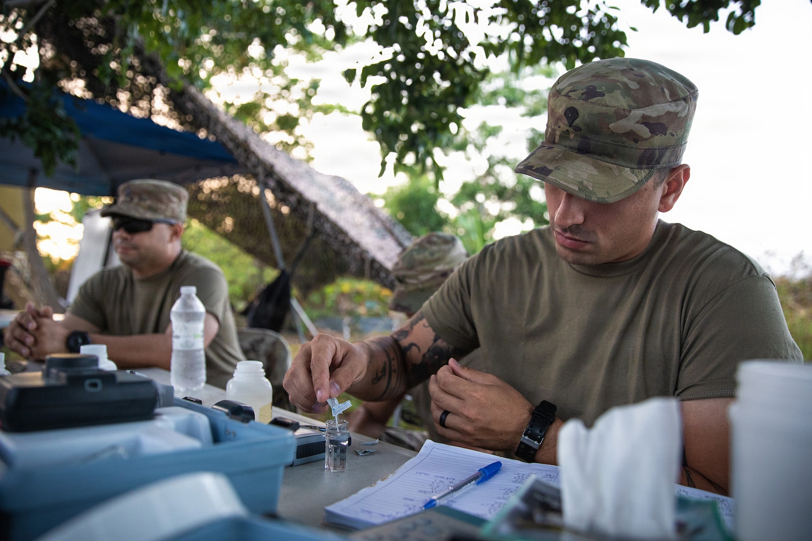 U.S. Army Spc. Jesús D. Ramos, a water treatment specialist assigned to the 105th Quartermaster Water Purification and Distribution Company, 191st Regional Support Group, Puerto Rico Army National Guard, conducts water-quality testing at a water purification site in Canóvanas, Puerto Rico, Aug. 20, 2026.