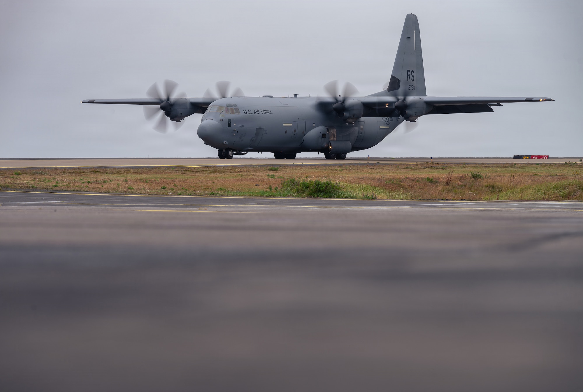 A U.S. Air Force C-130J Super Hercules aircraft assigned to the 37th Airlift Squadron arrives for exercise Northern Viking 26 at Keflavík Air Base, Iceland