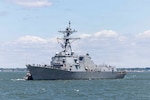 260515-N-EE423-1013 - NORFOLK (May 15, 2026) The newest Arleigh Burke-class guided-missile destroyer, the future USS Ted Stevens (DDG 128) arrives in its future homeport of Naval Station Norfolk, May 15, 2026. The U.S. Navy will commission the future USS Ted Stevens (DDG 128) on a date to be announced at a later time in Whittier, Alaska. (U.S. Navy photo by Mass Communication Specialist 1st Class Sophie A. Pinkham)