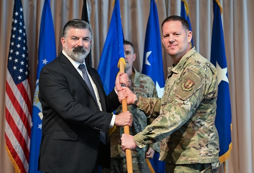 Lt. Gen. Jason Voorheis, commander of Air Force Life Cycle Management Center, relinquishes leadership of the Department of the Air Force Portfolio Acquisition Executive for Command, Control, Communications and Battle Management during a change of leadership ceremony here, Aug. 28. Brig. Gen. Joshua Williams officially assumed leadership of C3BM on July 31, 2026, and the ceremony served as the ceremonial transfer of authority and responsibility. (Official Air Force Photo by Morgan Brown)