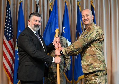 Brig. Gen. Joshua Williams assumes leadership of the Department of the Air Force Portfolio Acquisition Executive for Command, Control, Communications and Battle Management from Lt. Gen. Jason Voorheis, Air Force Life Cycle Management Center commander, during a change of leadership ceremony here, Aug. 28. Williams officially assumed leadership of C3BM on July 31, 2026, and the ceremony served as the ceremonial transfer of authority and responsibility. (Official Air Force Photo by Morgan Brown)