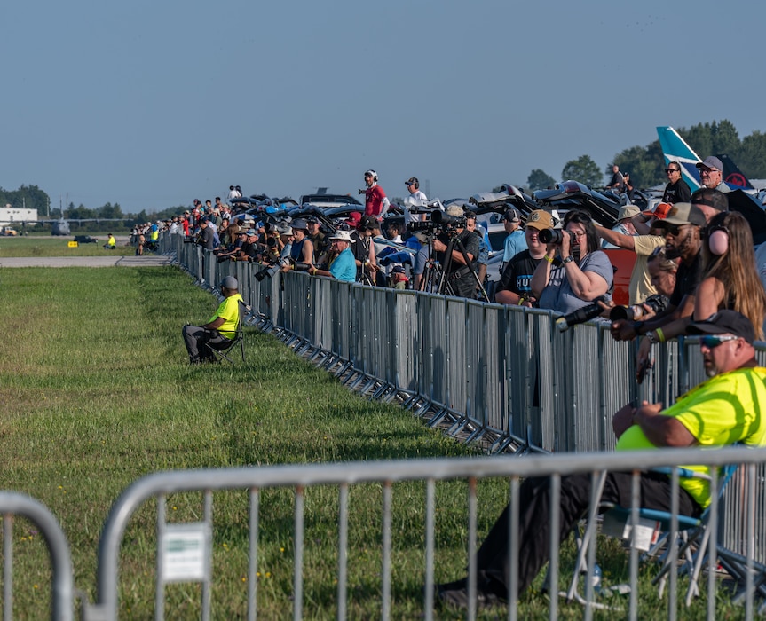 Spectators view and take photos of the U.S. Air Force KC-46 Pegasus aircraft performing in Airshow London 2026, London, Ontario, Aug. 21, 2026. Tickets to the airshow sold out, after selling out many previous years in a row. (U.S. Air Force photo by Airman 1st Class Emma Wright)