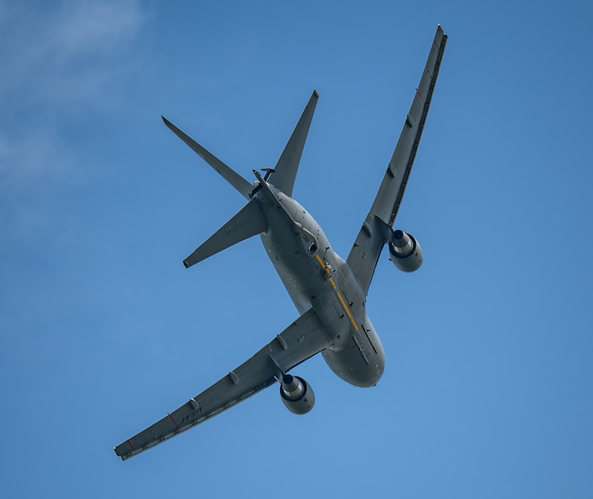 A U.S. Air Force KC-46 Pegasus aircraft banks left while performing at Airshow London 2026, London, Ontario, Aug. 22, 2026. Also performing at the airshow was a B-52 Stratofortress aircraft and multiple F-22 Raptor aircraft. (U.S. Air Force photo by Airman 1st Class Emma Wright)