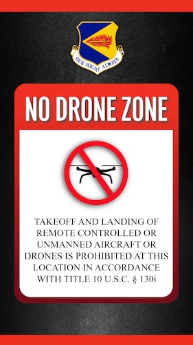 A graphic illustration created using Adobe Express, Aug. 28, 2026, for Davis-Monthan Air Force Base, Arizona. The graphic was designed to educate the public on unmanned aircraft system (UAS) restrictions and reinforce that Davis-Monthan AFB is a restricted airspace environment where unauthorized drone operations are prohibited in support of installation security, flight safety, and mission readiness. (U.S. Air Force graphic by Airman 1st Class Samantha Melecio)