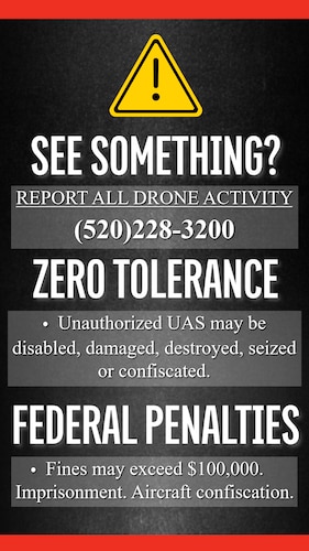 A graphic illustration created using Adobe Express, Aug. 28, 2026, for Davis-Monthan Air Force Base, Arizona. The graphic was designed to educate the public on unmanned aircraft system (UAS) restrictions and reinforce that Davis-Monthan AFB is a restricted airspace environment where unauthorized drone operations are prohibited in support of installation security, flight safety, and mission readiness. (U.S. Air Force graphic by Airman 1st Class Samantha Melecio)