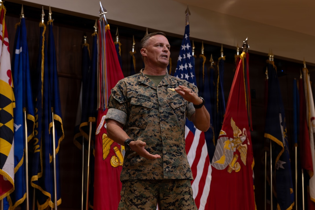 U.S. Marine Corps Lt. Gen Leonard F. Anderson IV, commander, Marine Forces Reserve and Marine Forces South, speaks to Marines during a ceremony celebrating the 110th birthday of the Marine Corps Reserve at Marine Corps Support Facility New Orleans, Aug. 28, 2026. The ceremony marks the establishment of the Marine Corps Reserve which was officially founded on Aug. 29, 1916, to provide trained and qualified units to support the active-duty component during times of war or national emergency. (U.S. Marine Corps photo by Cpl. Breysson Villacortacampos)