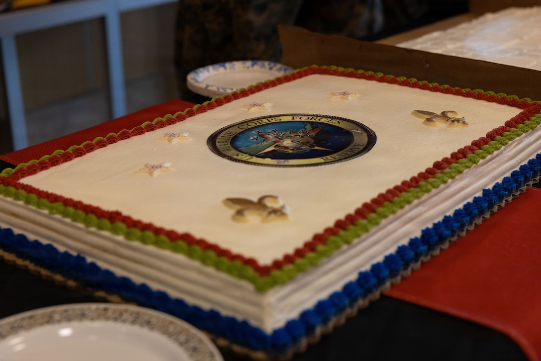 Cake for a ceremony celebrating the 110th birthday of the Marine Corps Reserve at Marine Corps Support Facility New Orleans, Aug. 28, 2026. The ceremony marks the establishment of the Marine Corps Reserve which was officially founded on Aug. 29, 1916, to provide trained and qualified units to support the active-duty component during times of war or national emergency. (U.S. Marine Corps photo by Cpl. Breysson Villacortacampos)