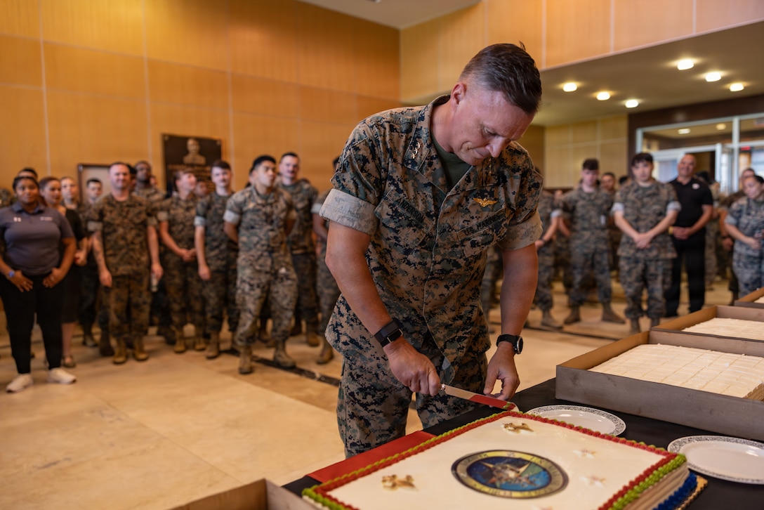 U.S. Marine Corps Lt. Gen Leonard F. Anderson IV, commander, Marine Forces Reserve and Marine Forces South, cuts cake during a cake-cutting ceremony celebrating the 110th birthday of the Marine Corps Reserve at Marine Corps Support Facility New Orleans, Aug. 28, 2026. The ceremony marks the establishment of the Marine Corps Reserve which was officially founded on Aug. 29, 1916, to provide trained and qualified units to support the active-duty component during times of war or national emergency. (U.S. Marine Corps photo by Staff Sgt. Scott Jenkins)