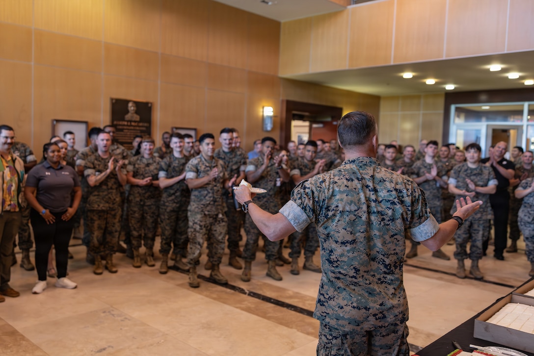 U.S. Marine Corps Lt. Gen Leonard F. Anderson IV, commander, Marine Forces Reserve and Marine Forces South, speaks to Marines during a cake-cutting ceremony celebrating the 110th birthday of the Marine Corps Reserve at Marine Corps Support Facility New Orleans, Aug. 28, 2026. The ceremony marks the establishment of the Marine Corps Reserve which was officially founded on Aug. 29, 1916, to provide trained and qualified units to support the active-duty component during times of war or national emergency. (U.S. Marine Corps photo by Staff Sgt. Scott Jenkins)