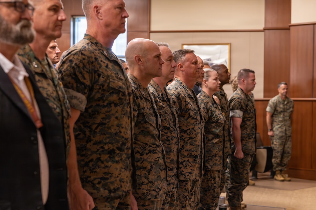 U.S. Marines with Marine Forces Reserve stand at attention during a ceremony celebrating the 110th birthday of the Marine Corps Reserve at Marine Corps Support Facility New Orleans, Aug. 28, 2026. The ceremony marks the establishment of the Marine Corps Reserve which was officially founded on Aug. 29, 1916, to provide trained and qualified units to support the active-duty component during times of war or national emergency. (U.S. Marine Corps photo by Staff Sgt. Scott Jenkins)