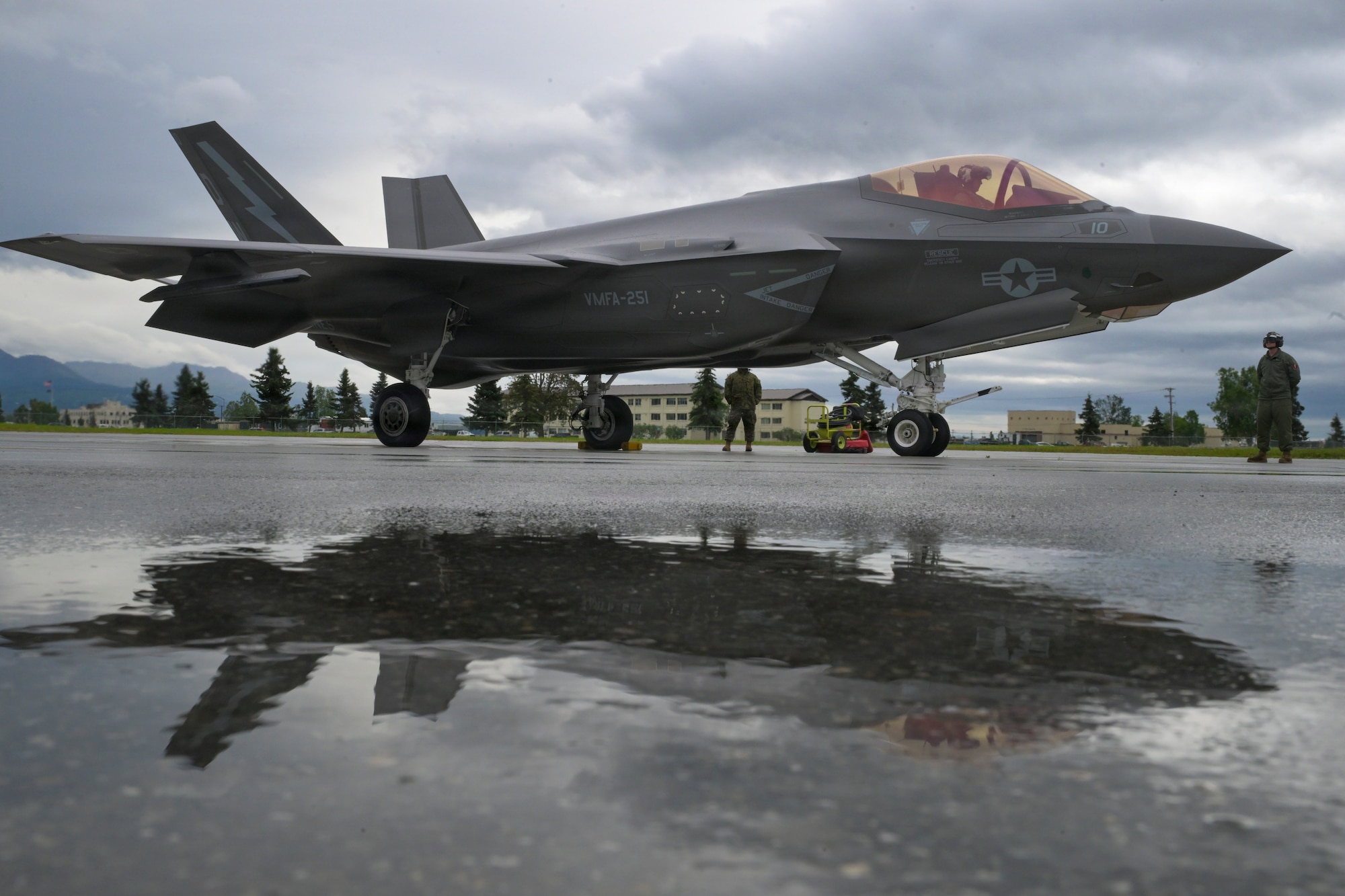 A U.S. Marine Corps F-35C Lightning II aircraft assigned to Marine Fighter Attack Squadron 251, Marine Corps Air Station Cherry Point, North Carolina, prepares to taxi on the flight line during RED FLAG-Alaska 26-3 at Joint Base Elmendorf-Richardson, Alaska, Aug. 26, 2026.  RED FLAG-Alaska directly supports the National Defense Strategy’s peace through strength policy by improving combat readiness and warfighting skills.