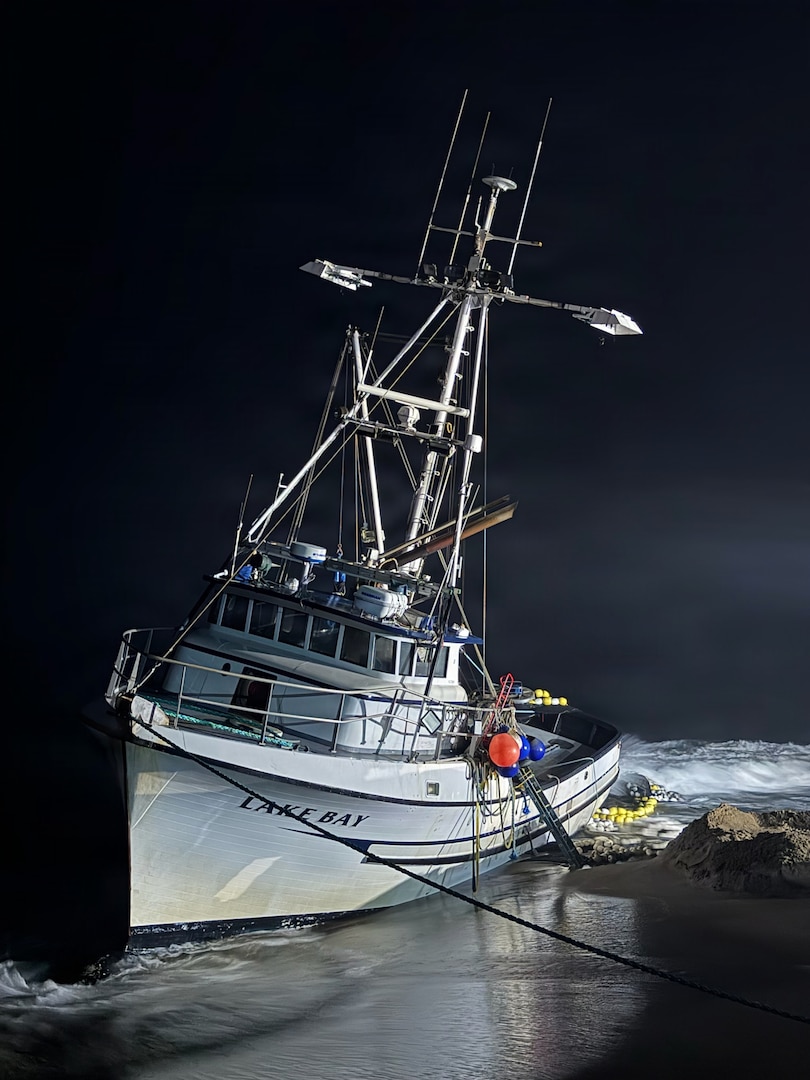 Aground fishing vessel Lake Bay rests on Point Reyes North Beach, California, August 24, 2026. Response crews from the Coast Guard, National Parks Service, California Fish and Wildlife, and Parker Diving removed all fuel and petroleum products before transitioning to removal and salvage operations. (U.S. Coast Guard courtesy photo)