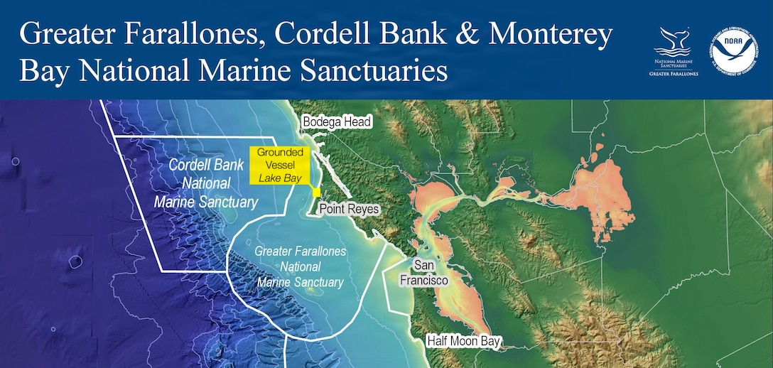 A graphic depicts the approximate geographic location of grounded fishing vessel Lake Bay at Point Reyes North Beach, California, Aug. 28, 2026. A unified command was established to respond to the incident as a pollution threat on the border between Point Reyes National Seashore and the Greater Farallones National Marine Sanctuary. (NOAA graphic. Note: This graphic was modified by USCG to include a location label and cropped for clarity, Original: https://nmsfarallones.blob.core.windows.net/farallones-prod/media/maps/three_sanctuary_vertical_map.jpg )