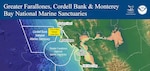 A graphic depicts the approximate geographic location of grounded fishing vessel Lake Bay at Point Reyes North Beach, California, Aug. 28, 2026. A unified command was established to respond to the incident as a pollution threat on the border between Point Reyes National Seashore and the Greater Farallones National Marine Sanctuary. (NOAA graphic. Note: This graphic was modified by USCG to include a location label and cropped for clarity, Original: https://nmsfarallones.blob.core.windows.net/farallones-prod/media/maps/three_sanctuary_vertical_map.jpg )
