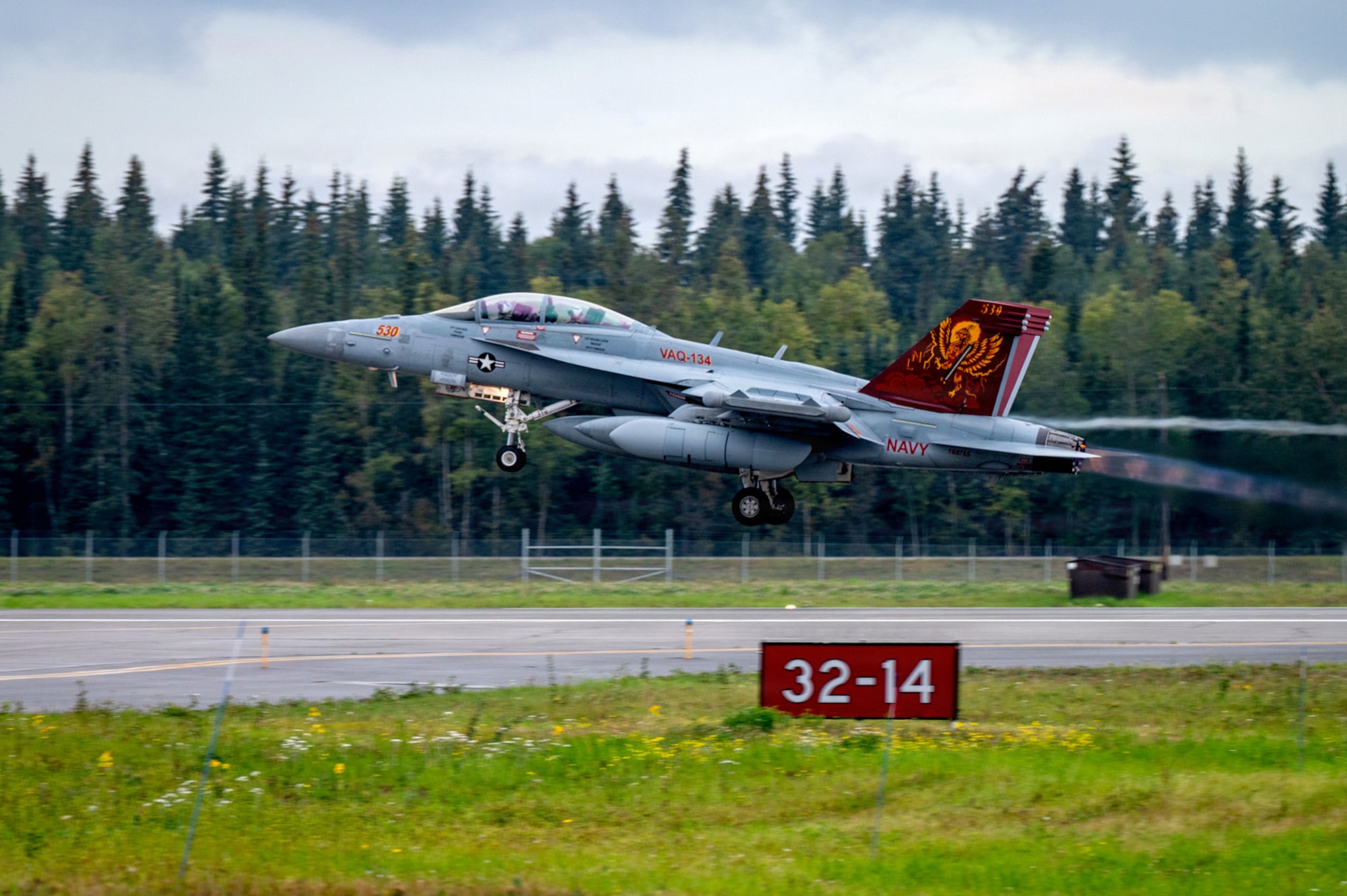 A U.S. Navy EA-18G Growler assigned to Electronic Attack Squadron 134 takes off during RED FLAG-Alaska 26-3 at Eielson Air Force Base, Alaska, Aug. 17, 2026.