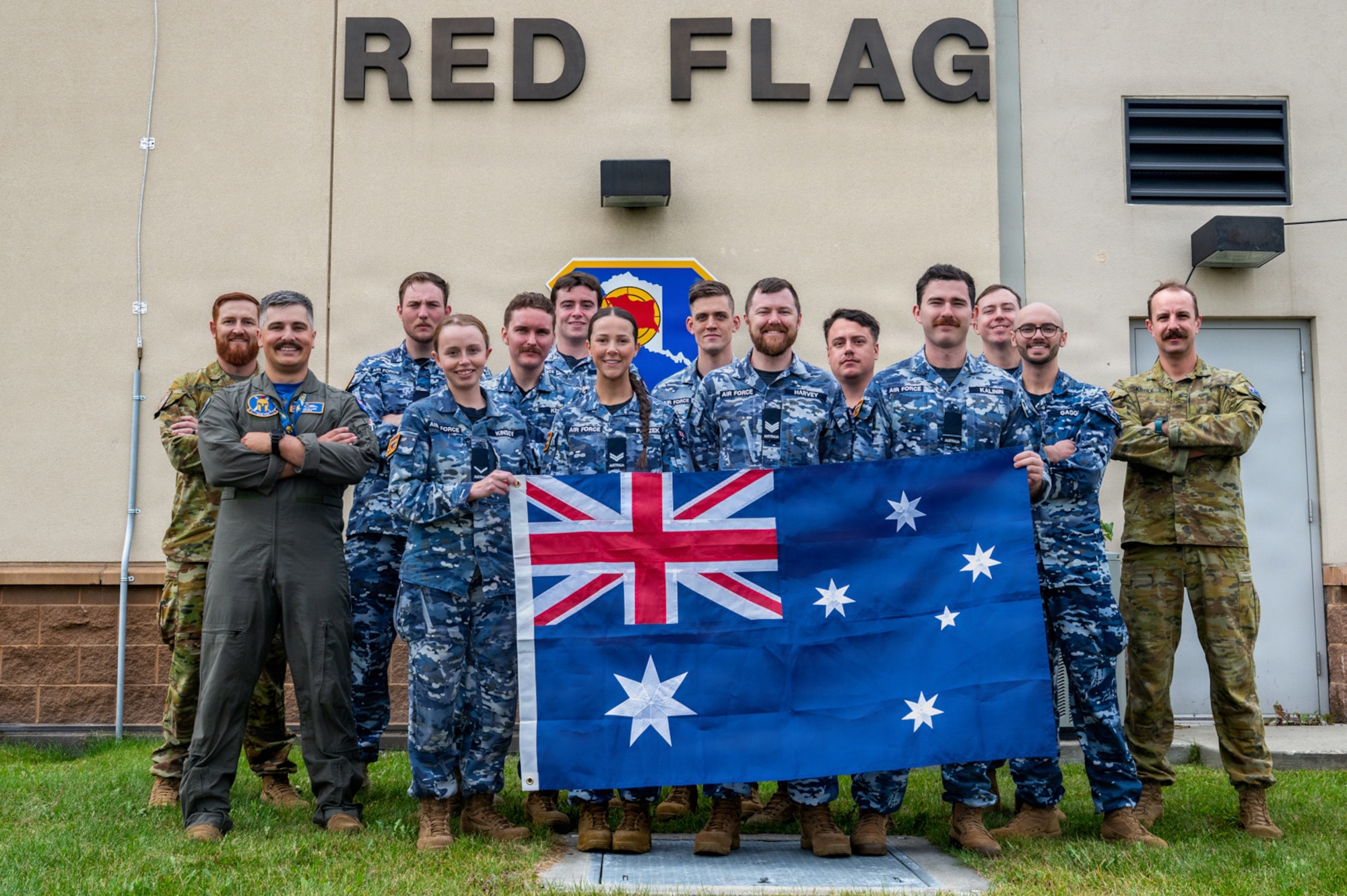 Royal Australian Air Force members assigned to No. 3 Control and Reporting Unit pose for a photo during RED FLAG-Alaska 26-3 at Eielson Air Force Base, Alaska, Aug. 21, 2026.
