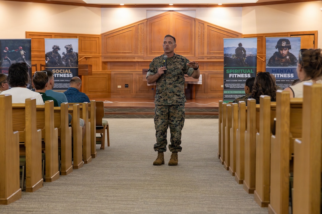 U.S. Marine Corps Col. Stephen DeTrinis, commanding officer, Marine Corps Base Hawaii, welcomes attendees during a town hall at MCBH, Aug. 27, 2026. The town hall hosted by DeTrinis provided an opportunity for MCBH community members to raise concerns, ask questions, and engage directly with base leadership on topics affecting the installation community. (U.S. Marine Corps photo by Lance Cpl. Tania Guerrero)