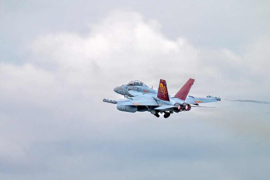 A U.S. Navy EA-18G Growler assigned to Electronic Attack Squadron 134 takes off during RED FLAG-Alaska 26-3 at Eielson Air Force Base, Alaska, Aug. 17, 2026.
