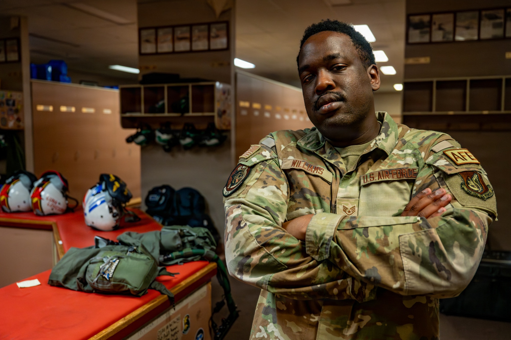 U.S. Air Force Staff Sgt. Caleb Williams, 35th Operations Support Squadron aircrew flight equipment technician, poses for a photo during RED FLAG-Alaska 26-3 at Eielson Air Force Base, Alaska, Aug. 20, 2026.
