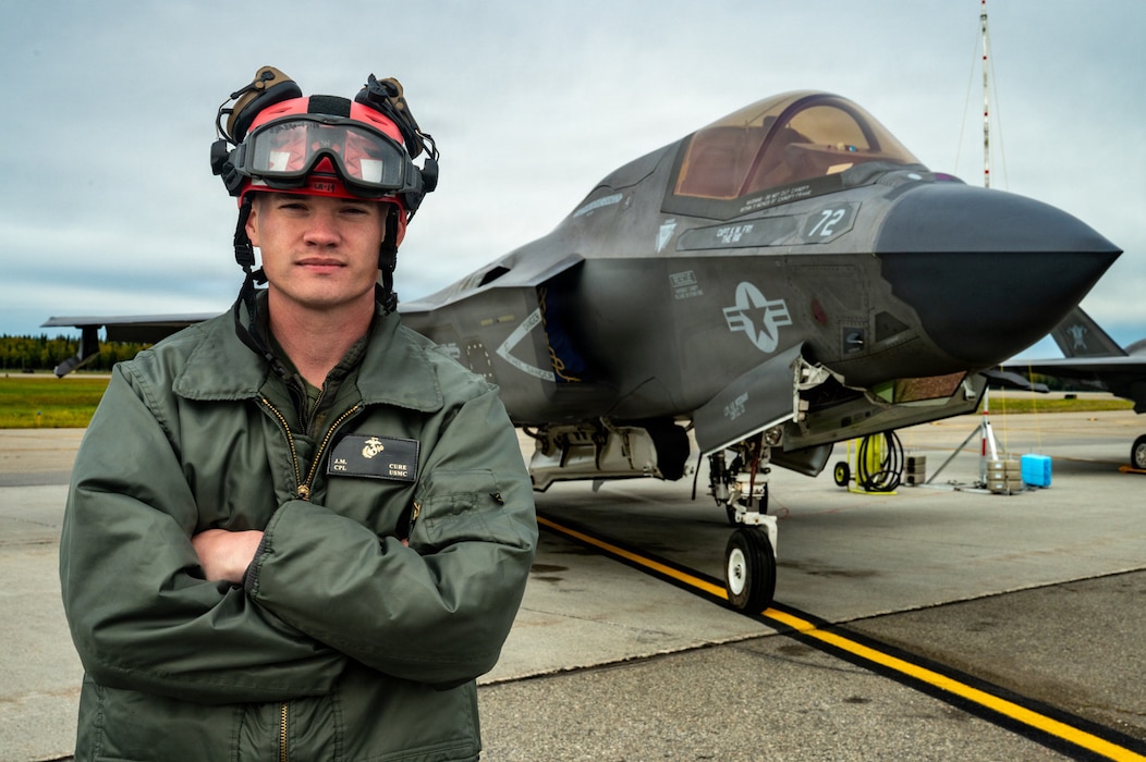 U.S. Marine Corps Cpl. Jason Cure, Marine Fighter Attack Squadron 225 aircraft ordnance technician, poses for a photo during RED FLAG-Alaska 26-3 at Eielson Air Force Base, Alaska, Aug. 24, 2026.